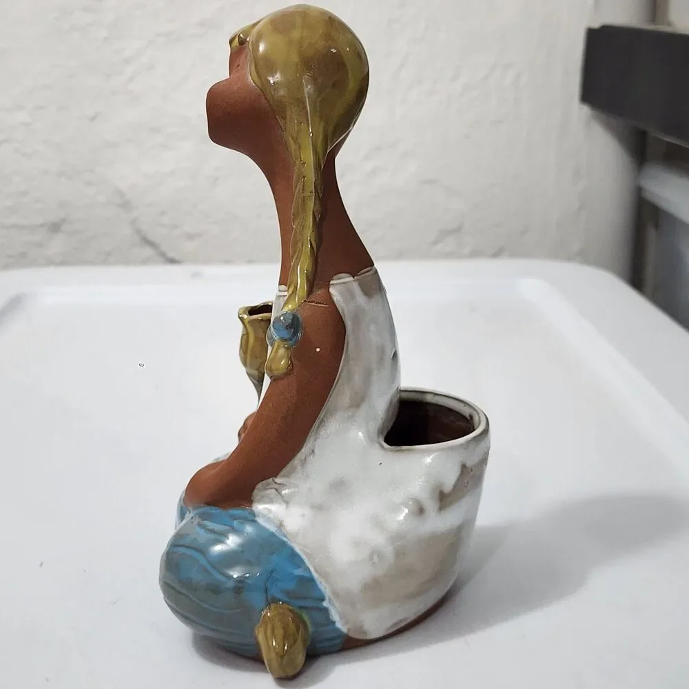 VTG MCM Art Pottery Stoneware Whistling Girl Head Vase Planter Clay Japan Style